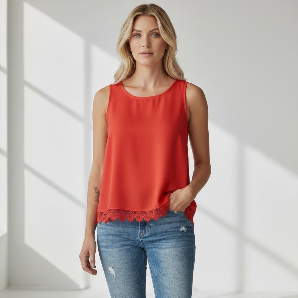 Lush Red Orange Lace Trim Sleeveless Blouse Tank Top Small